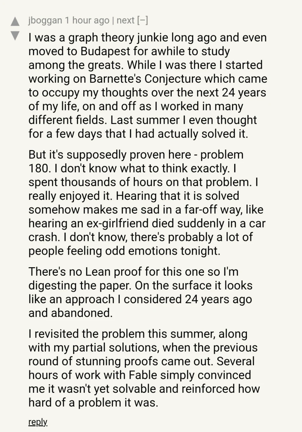 Comment by jboggan on Hacker News about Barnette's Conjecture